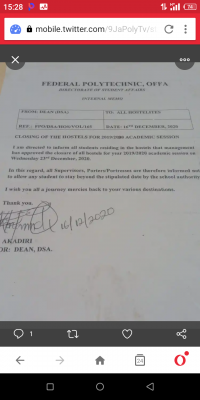 Fed Poly, Offa notice on closure of hostels for vacation