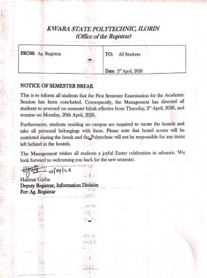 KWARAPOLY declares semester break, 2025/26