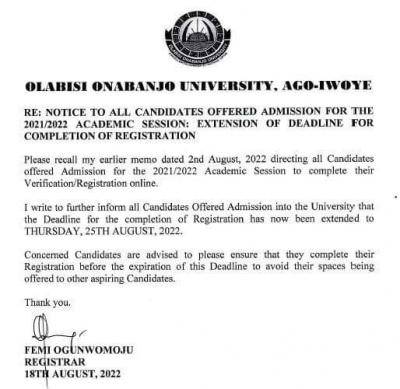 OOU notice to newly admitted students on extension of registration, 2021/2022