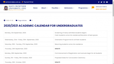 Ajayi Crowther University undergraduate academic calendar for 2020/2021 session