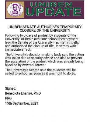 UNIBEN Senate authorises temporary closure of the university