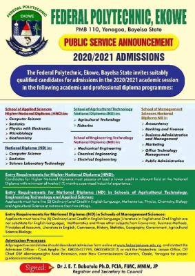 Fed Poly Ekowe admission into professional Diploma programme, 2020/2021