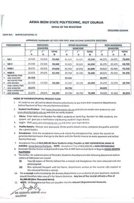Akwa Ibom Poly approved fees, 2025/2026