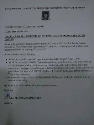 OAUSTECH notice on 2nd semester resumption for 2019/2020 session