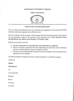 Northwest University, Sokoto imposes fee for late registration