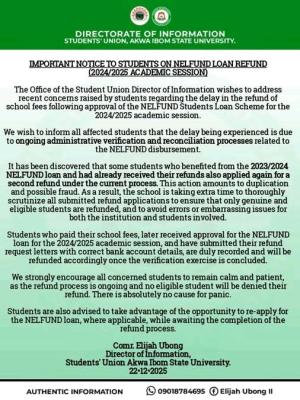 AKSU Students’ Union clarifies delay in NELFUND loan refunds