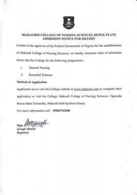 Makurdi College Of Nursing Admission, 2022/2023