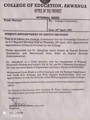 College of Education, Akwanga appoints new deputy Provosts