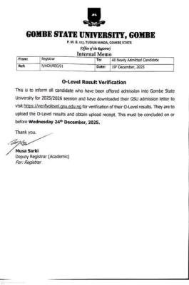 GOMSU announces O'level result verification for newly admitted students