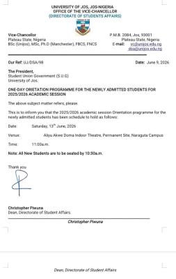 UNIJOS announces orientation programme for fresh students, 2025/2026