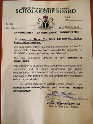 Gombe State Scholarship Board extends scholarship registration deadline