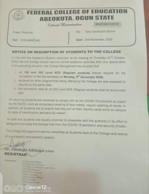 FCE Abeokuta notice to students on resumption