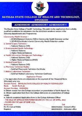 Bayelsa State College of Health and Tech. admission form, 2023/2024
