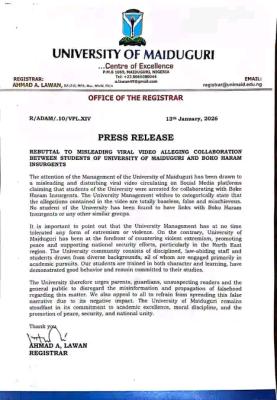 UNIMAID responds to claims of students collaborating with Boko Haram