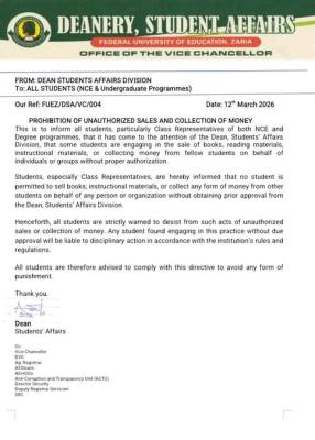FUE Zaria bans unauthorized sales of books and other materials by students within the campus
