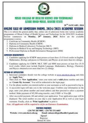 Misau College of Health Tech online sales of admission forms for 2024/2025 session