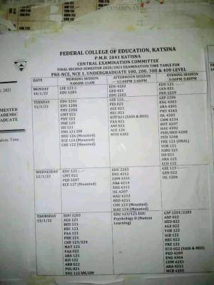 FCE, Katsina 2nd semester 2020/2021 examination timetable