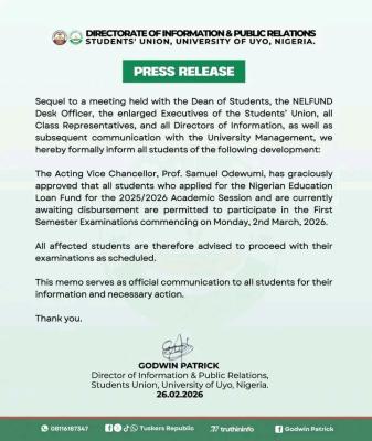UNIUYO SUG notice on exam participation for students awaiting NELFUND loans