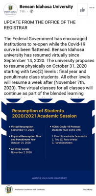 Benson Idahosa University resumption update