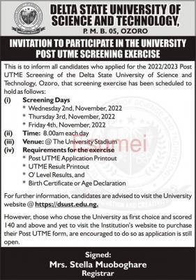 Delta State University of Science and Technology Post-UTME screening date, 2022/2023