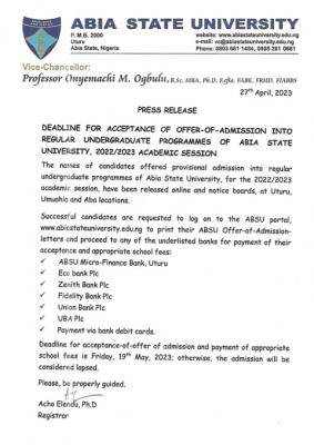 ABSU announces deadline for payment of acceptance fee, 2022/2203