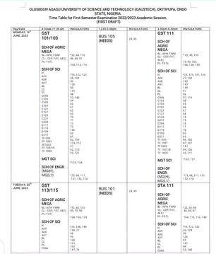 OAUSTECH First Semester Examination Timetable, 2022/2023 Session - Myschool