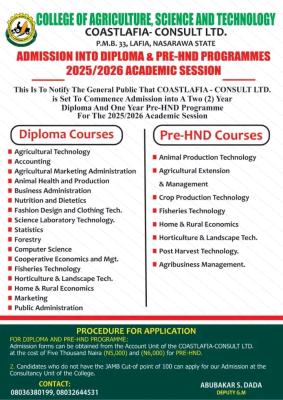 College of Agriculture, Science & Tech. Lafia Diploma/Pre-HND Admission form, 2025/2026
