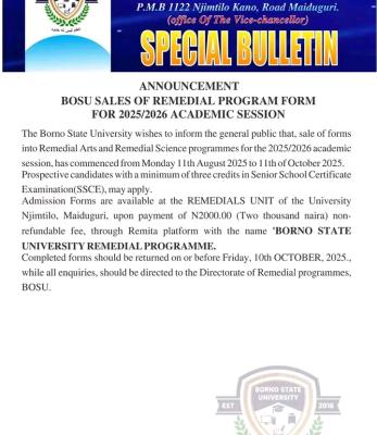 BOSU releases Remedial Admission form, 2025/2026