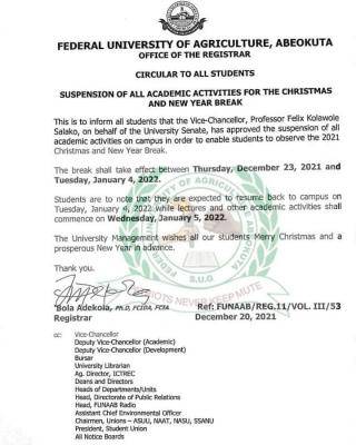 FUNAAB notice on suspension of academic activities for Christmas & New year break