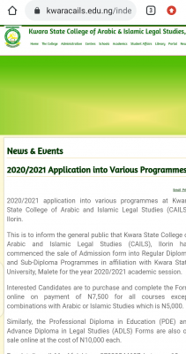 Kwara State College of Arabic and Islamic Legal Studies (CAILS) admission forms for 2020/2021