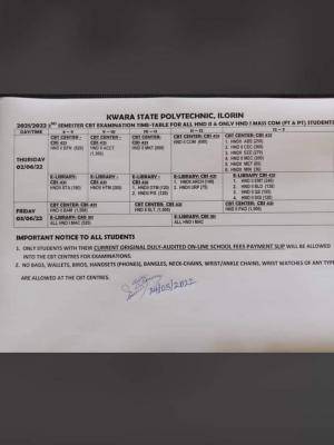 Kwara Poly 2021/2022 HND II second semester CBT examination timetable, 