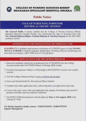Bishop Shanahan Specialist Hospital College of Nursing Sciences, Nsukka Admission, 2025/2056
