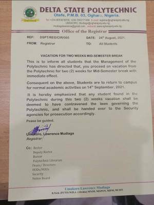 Delta Polytechnic Otefe-oghara announces mid-semester break