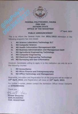 Federal Polytechnic Daura  2021/2022 notice on Admissions