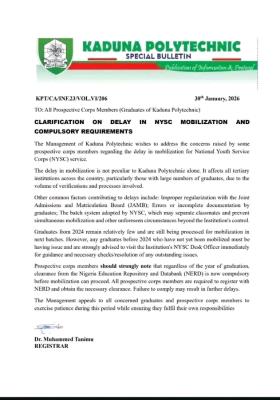 Kaduna State Polytechnic clarifies delay in NYSC Mobilization