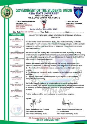 ABSU SUG promises to address rent hike & irregular demand for renewal