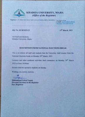 Khadija University resumption notice from election break