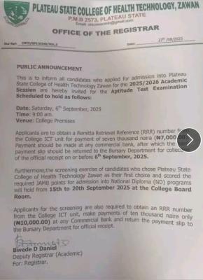 Plateau State College of Health Tech. Zawan aptitude test date, 2025/2026