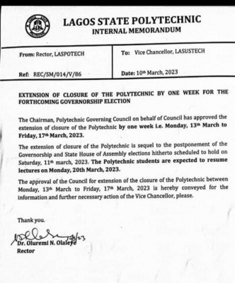 LASPOTECH notice on extension of closure of polytechnic