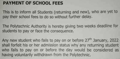 Kwara Poly school fees payment deadline for freshers and returning Students