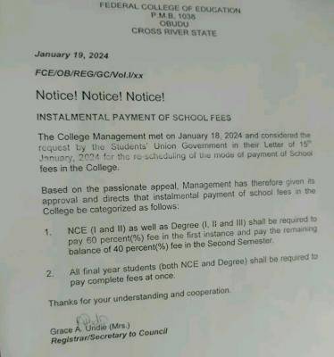 FCE Obudu update on payment of school fees