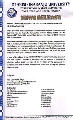 OOU notice on restriction of movement in Awa-Ijebu