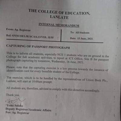 College of Education, Lanlate notice on passport capturing