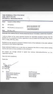 Fed Poly Ede notice on deadline for completion of online registration by newly admitted students