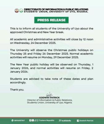 UNIUYO SUG notice Christmas and New Year Break for Students