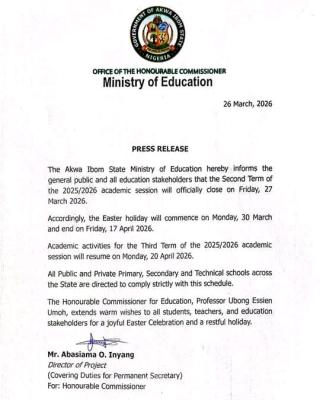 Akwa Ibom Education Ministry announces term closure and Easter Holiday