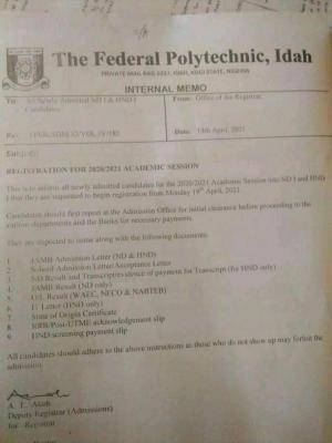 Fed Poly Idah notice to newly admitted ND/HND students, 2020/2021