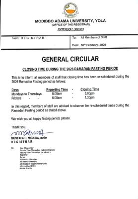 MAU Yola adjusts work hours for 2026 Ramadan Fasting