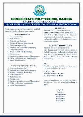 Gombe State Polytechnic ND and Remedial admission forms for 2020/2021 sessison
