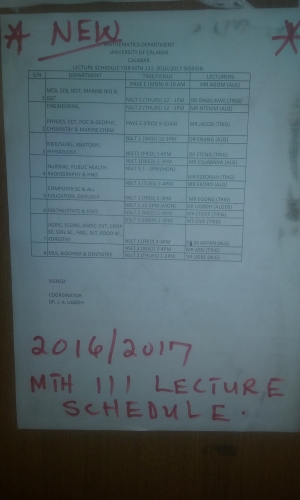 UNICAL MATH111 Lecture Schedule 2016/2017